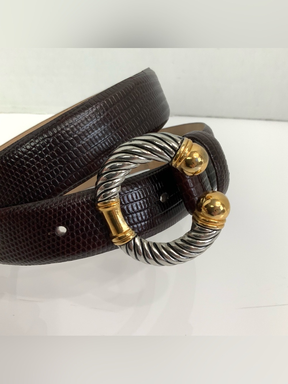 Vintage Millennium Women’s Sz XL Dark Brown Leather Belt Silver & Gold Tone Rope